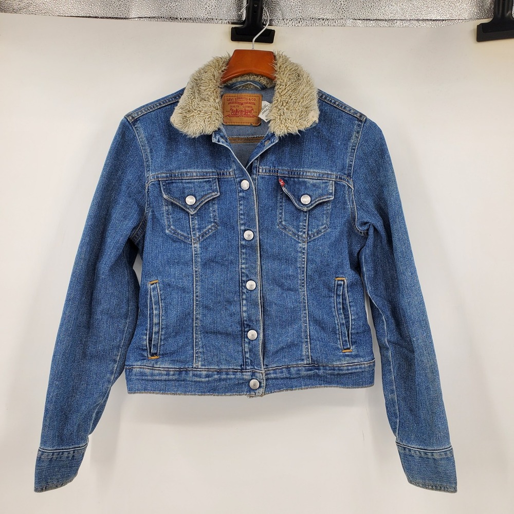 Levis Weekend Jacket Medium Wash Denim Sherpa Collar Trucker Blue Western Fall